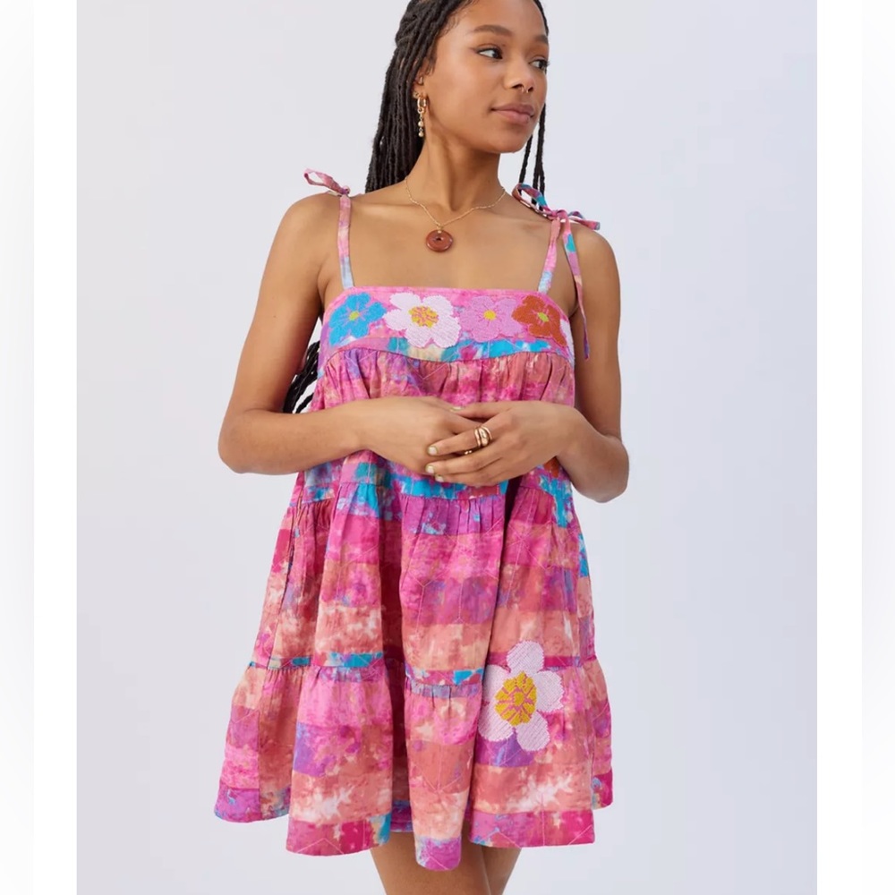 Kimchi Blue 100% Cotton Floral Boho Tiered Babydoll Mini Dress | Pink & Purple - Picture 2 of 9